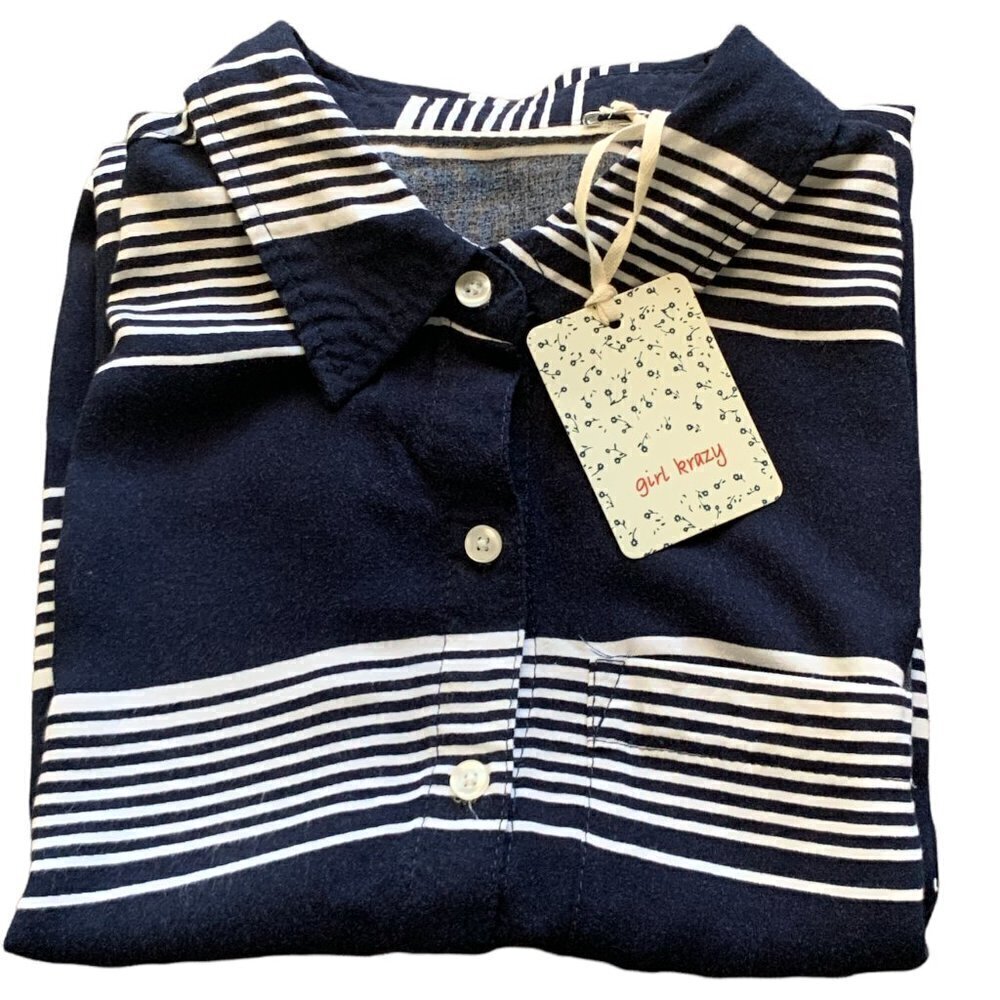 Girl Krazy‎ Sleeveless Boyfriend Button-Front Striped Shirt S Navy #19E